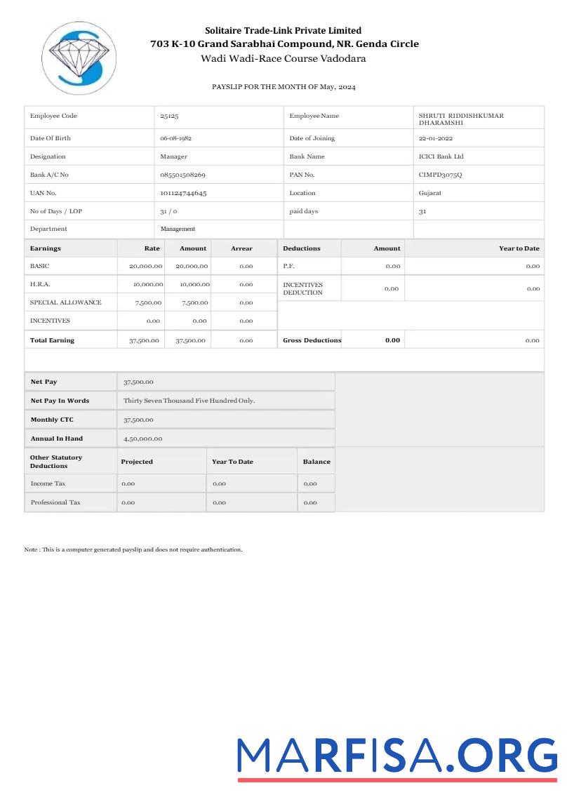 Printable Solitaire Trade Link payslip real example